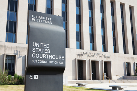 The E. Barrett Prettyman United States Courthouse at 333 Constitution Avenue in Washington, D.C., home of the U.S. District Court for the District of Columbia, where CME Group's challenge to the CFTC's approval of perpetual futures is pending