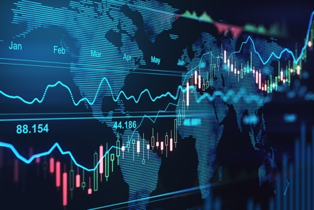 Global financial markets with candlestick charts and trading data overlay, symbolizing cross-border derivatives and digital asset regulation.