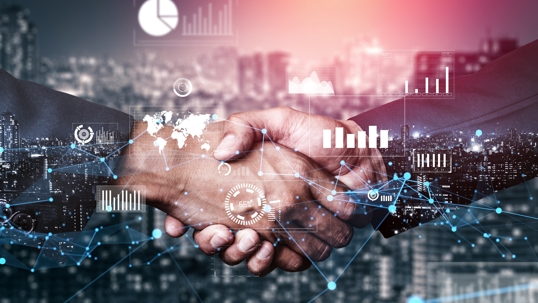 Business handshake overlayed with interconnected nodes and financial analytics graphics, symbolizing the role of finders in startup fundraising and investor connections