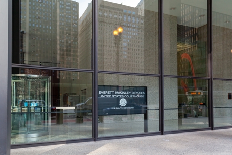The Dirksen Federal Courthouse in Chicago, where U.S. District Judge Martha Pacold heard arguments in Coinbase v. Raoul over whether sports event contracts are CFTC-regulated swaps or state-regulated gambling