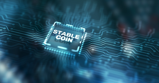 Stablecoin concept illustrated on a glowing digital microchip, symbolizing blockchain technology and digital payments