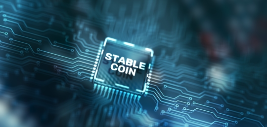 Digital representation of a stablecoin on blockchain technology circuit board, symbolizing secure digital currency transactions.