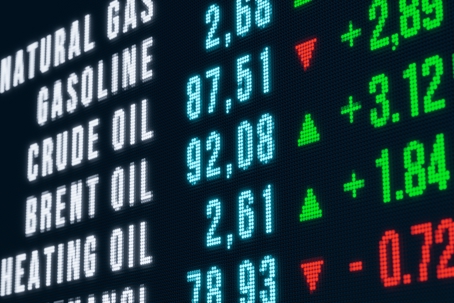 Energy futures trading board displaying real-time prices for crude oil, natural gas, gasoline, and heating oil contracts