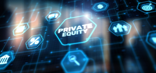 Abstract digital network graphic with the words “Private Equity” surrounded by financial and investment icons, symbolizing alternative assets and financial market strategy.