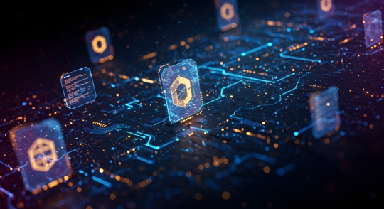 Digital tokens connected through blockchain network pathways, illustrating the protocol and asset layer architecture in tokenized systems
