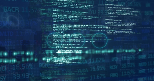 Source code overlaid with market data illustrating proprietary trading technology