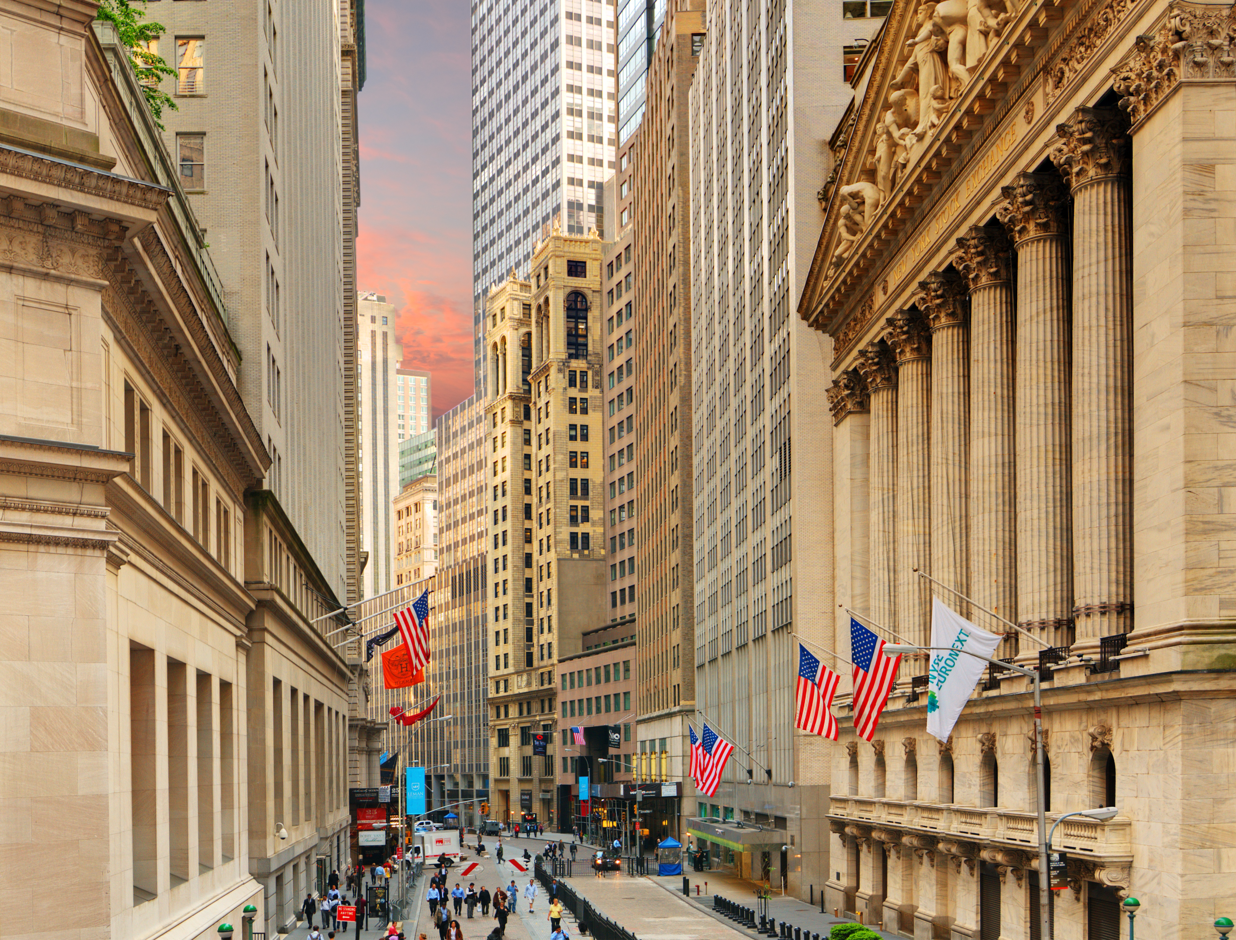 Wall Street and New York Stock Exchange, representing financial markets and hedge fund trading at the center of SEC and DOJ enforcement actions